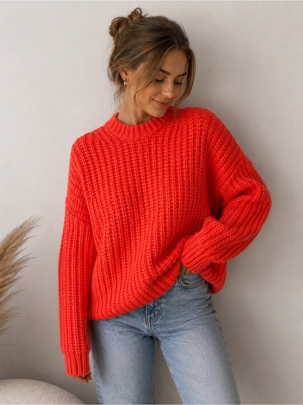 TNA Aritzia Wool Blend Chunky Knit Sweater Coral Red Orange XXS
